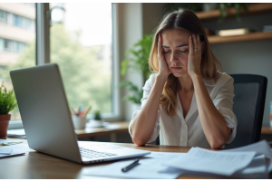 Mulher jovem, com expressão de preocupação, segura a cabeça com as mãos enquanto está sentada diante de um notebook, em um ambiente de escritório — representando o impacto do estresse relacionado ao uso de inteligência artificial no trabalho