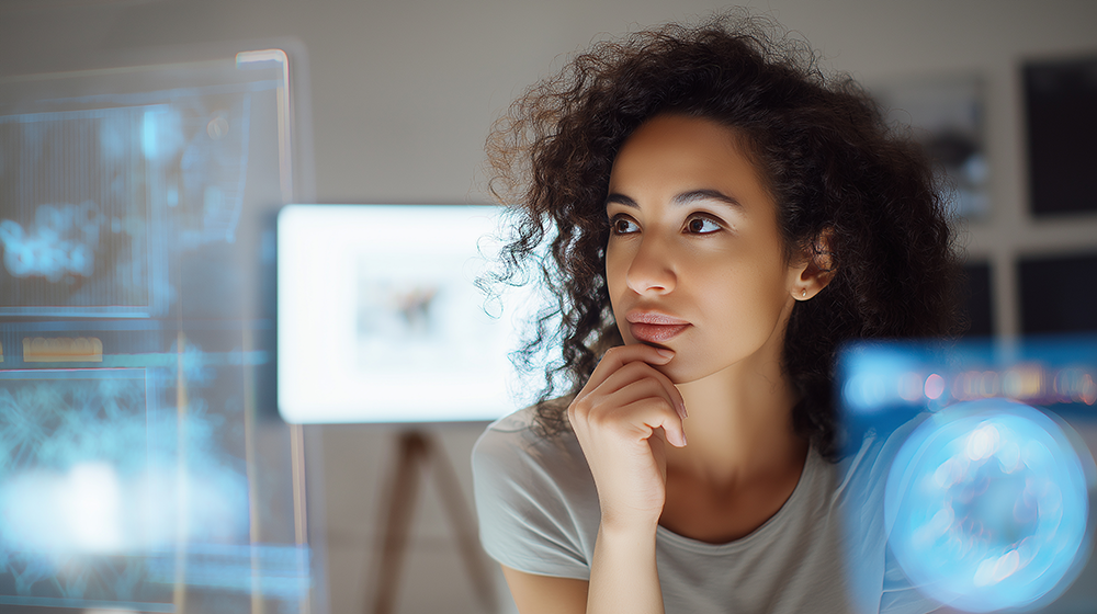 Jovem pensativa diante de interfaces digitais, simbolizando os desafios e oportunidades do primeiro emprego na era da inteligência artificial. 