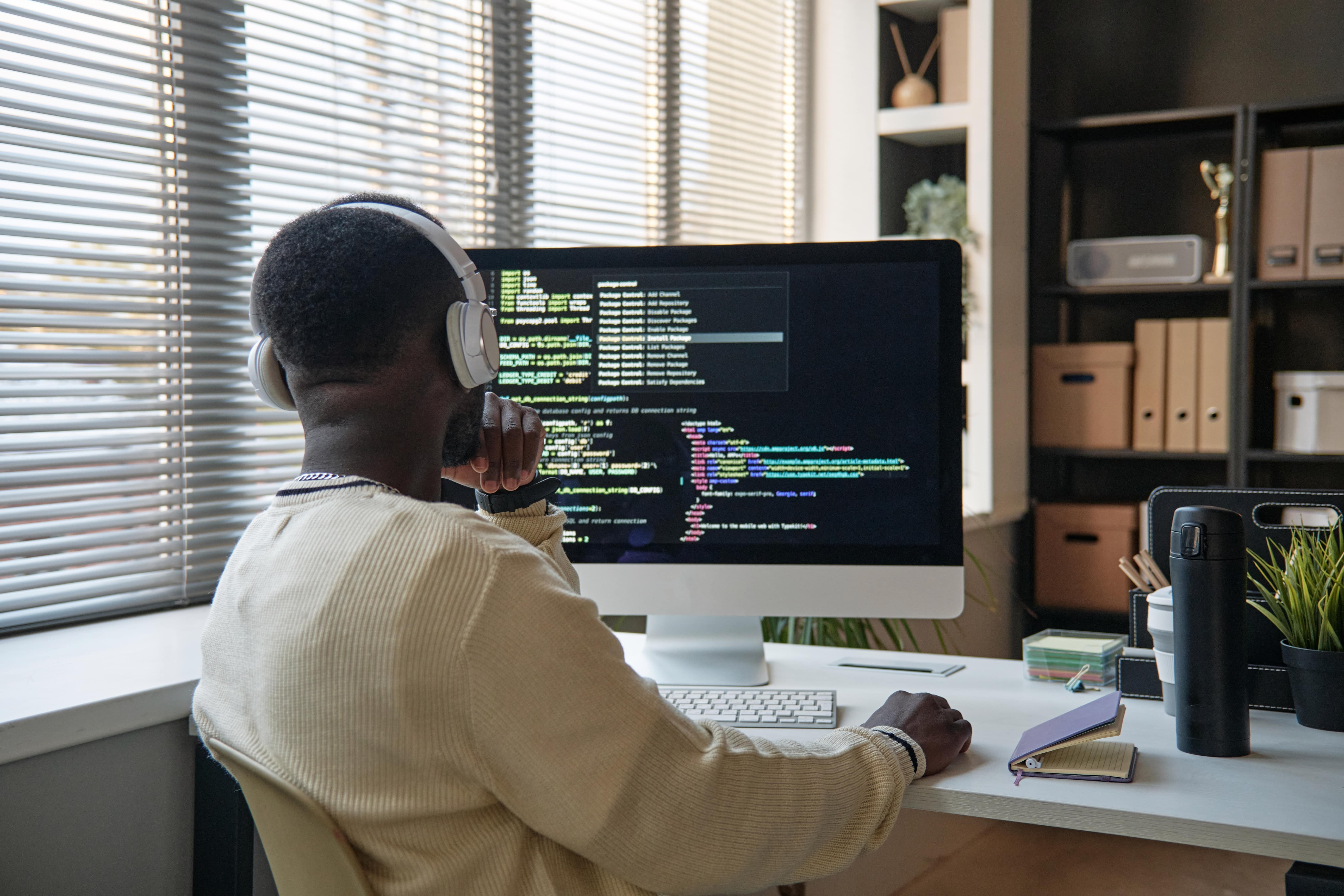 Imagem de um homem de costas para a câmera, trabalhando como técnico de informática em seu computador.